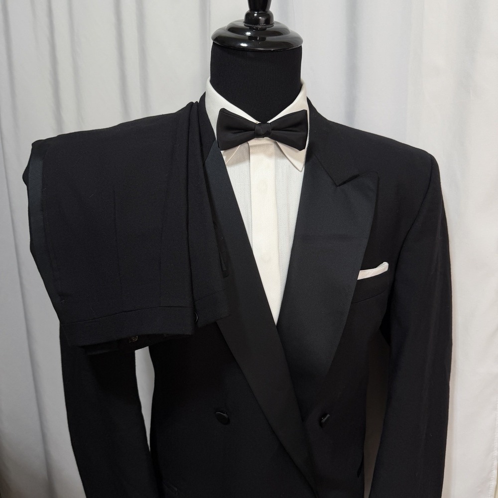 Vtg Adolfo Tuxedo Opera Suit Double Breasted 48R Pants 42x32 Satin USA 100% Wool - Picture 2 of 16